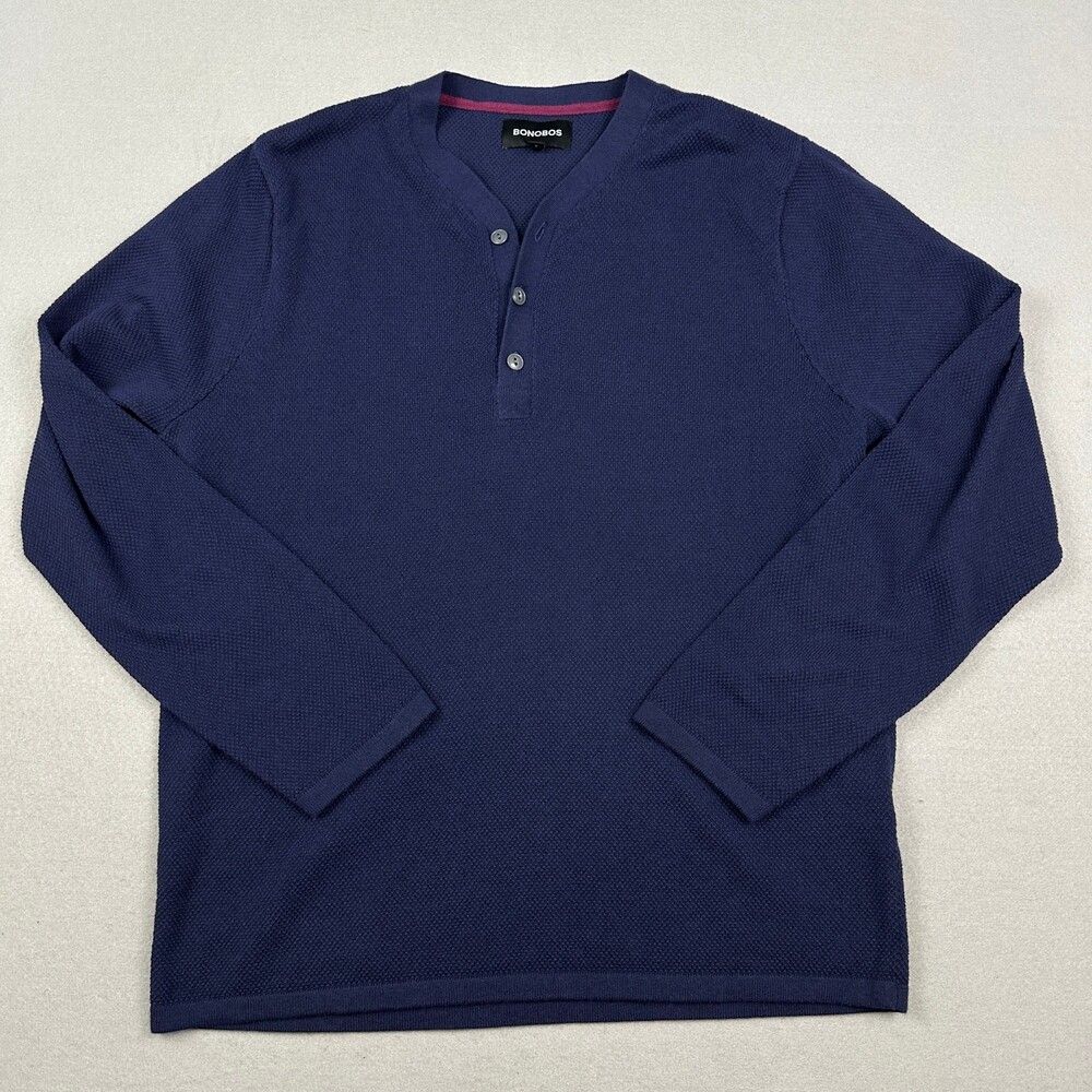 Bonobos Shirt Men Large Blue Waffle Knit Long Sleeve Thermal Pullover L